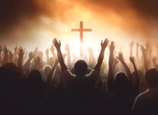 Worship and praise concept: christian people hand rising on sunset background. Generative AI